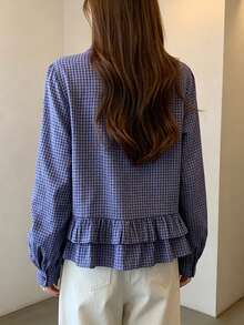 Women's Blue Plaid Shirt, Sweet Ruffle Long Sleeve Korean Style Casual Blouse - Blue - View 6