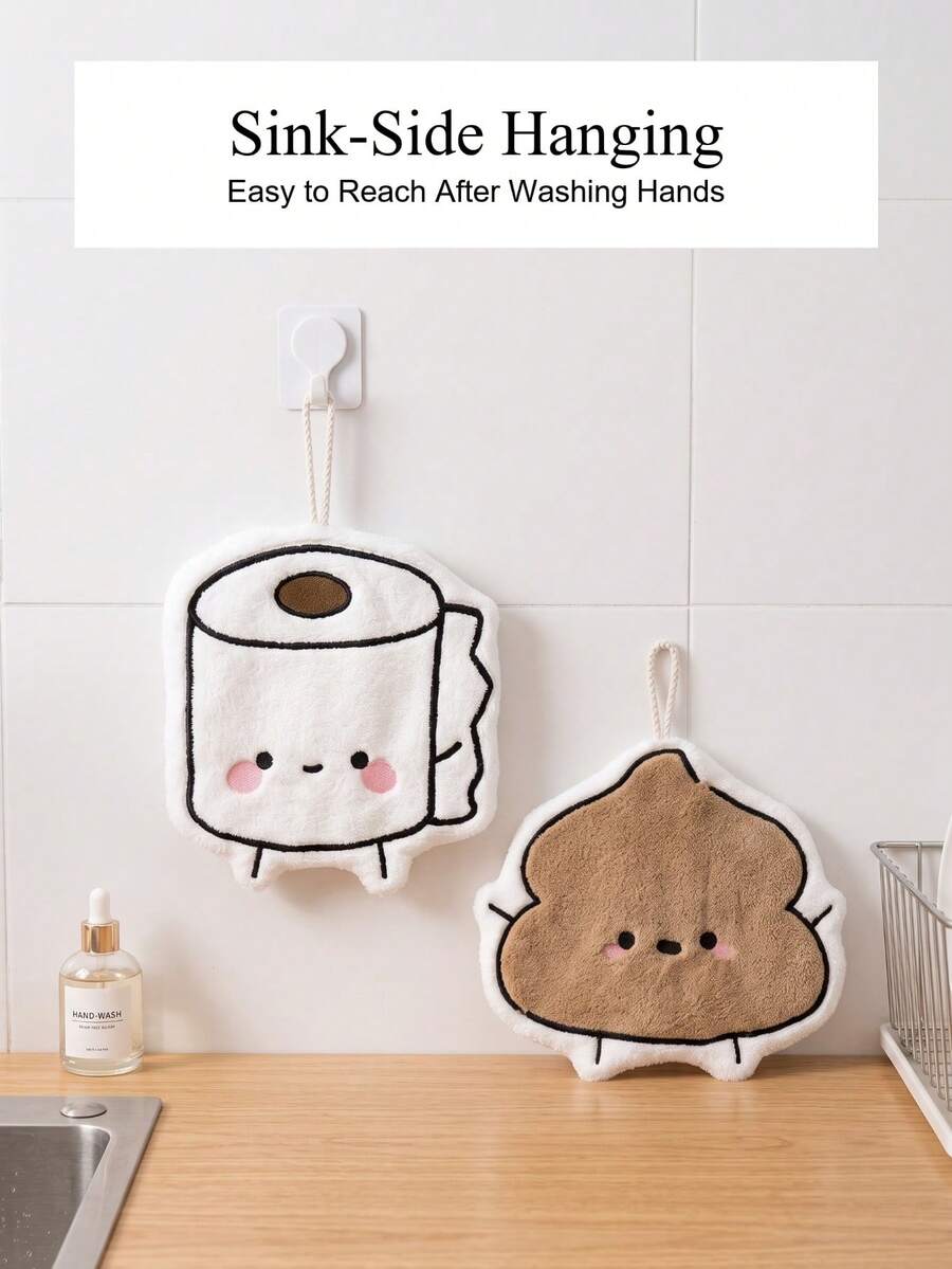 1pc Creative Poop & Toilet Paper Hanging Hand Towel, Soft Coral Fleece Absorbent Cartoon Hand Towel With Hanging Ring, Cute Japanese Style Kitchen Cloth & Bathroom Decor, Fun Practical Home Kitchen Housewarming Gift