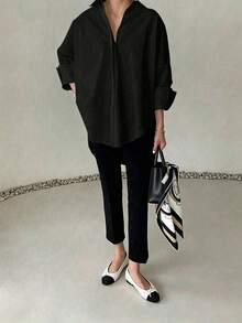 Kemeja Katun Murni Hitam Tenun Regular Fit Wanita, Lengan Panjang, Detail Kancing, Fesyen Serbaguna - Hitam - View 10