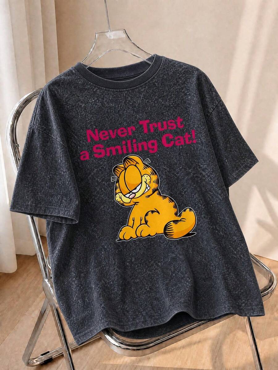 Washed Black Tee, Smiling Cartoon Cat Pink Slogan Print Loose Oversized Streetwear Short Sleeve Casual Summer - Black - View 1