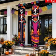 2pcs Mexican Day Of The Dead Porch Banner, Polyester Material, Skull Flower Candle Paper Cut Style Triangular Flag Design, Indoor/Outdoor Use, Home Decor, Front Porch Yard Decoration, Day Of The Dead Party Gathering Decoration - A - View 8