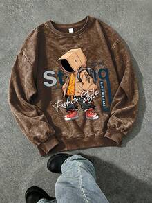 2pcs Set Suitable For Boys Big Kids, Washed Style Crew Neck Sweatshirt And Cargo Pants Outfit, Cartoon Character Print Crew Neck Sweatshirt And Cargo Pants Matching Set, Suitable For Autumn/Winter Daily And Sports Wear - Multicolor - View 6