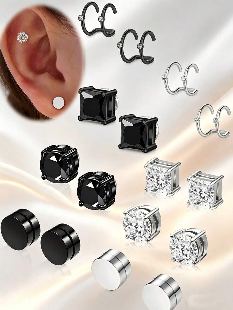 4 Pairs Clip On Earrings, Stainless Steel Non Pierced Fake Earrings Women,Fashion Diamond Design, Silver/Black Styles - Multicolor - View 1