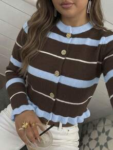 Plus Size Women's Autumn Outfit, Elegant Ruffle Trim Multi-Color Long Sleeve Button-Up Cardigan Striped Knit Sweater, Suitable For Outings And Commuting - Multicolor - View 3