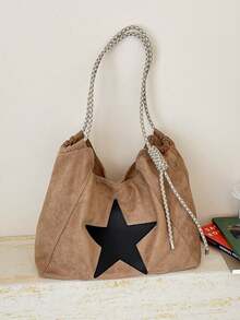 Maillard Style Star Print Fabric Tote Bag With Adjustable Drawstring Shoulder Strap, Large Capacity Casual Shoulder Tote Bag - Multicolor - View 1