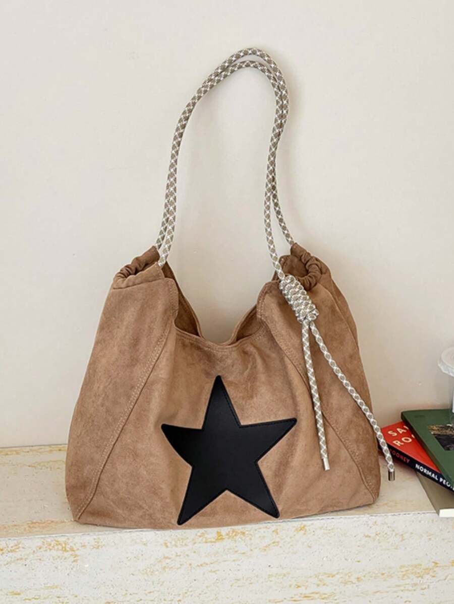 Maillard Style Star Print Fabric Tote Bag With Adjustable Drawstring Shoulder Strap, Large Capacity Casual Shoulder Tote Bag - Multicolor - View 1