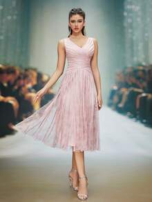 Women's Summer Elegant V-Neck Sleeveless Printed Mesh Striped Flared Hem Luxury Mid-Length Evening Dress, Suitable For Spring Party, Ball, Festival, Wedding Guest Occasions - Pink - View 5