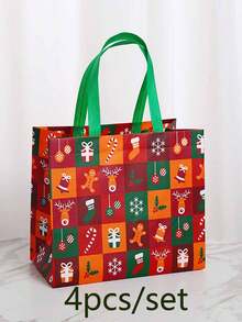 4pcs Christmas Plaid Pattern Gift Tote Bags, Reusable Shopping Bags, Christmas Holiday Gift Party Supplies - Multicolor - View 8