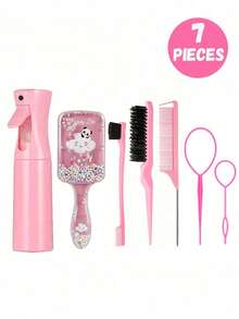 7pcs/1set Children's Cute Cartoon Square Comb & Spray Bottle Set, Cartoon Eiffel Tower Print Anti-Static Plastic Comb, Portable Pattern Hair Pin, High-Pressure Atomizing Spray Bottle, Suitable For Children, Normal Hair, Durable ABS Handle, Cute Square Design, Hair Styling Tool Set - Multicolor - View 7