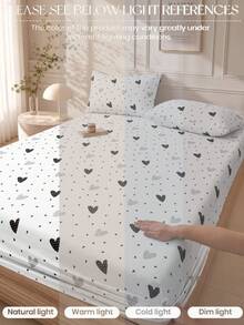 1pc Fashionable Black & White Heart Pattern Fitted Sheet, Modern Stylish Mattress Protector, Soft & Breathable, -Twin, Full, Queen, King, Deep Pocket Design Up To 11.8 Inches, Machine Washable. Back To School, Dorm Essentials - Black and White - View 4