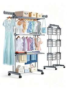 Rolling Clothes Drying Rack, Stainless Steel Foldable Multi‑Layer Laundry Drying Stand With Wheels, Large Capacity Space‑Saving Garment Dryer, For Balcony Bathroom Laundry Room, Ideal For Family Household Daily Drying Use - Multicolor - View 9