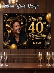 1pc - Customized Happy Birthday Backdrop, Large Personalized Birthday Banner Background, Can Print Name And Photo, Customized Black & Gold Theme Printed Poster, Shiny Black Background With Gold Glitter Elements, Celebrate 50th Birthday, Multi-Functional Party Tapestry Home Decor Personalized Birthday Party Customized Photo And Name Poster - Suitable For Party Decoration - Multicolor - View 2