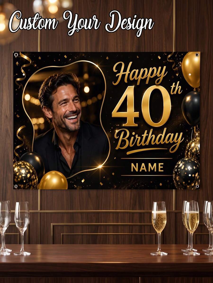 1pc - Customized Happy Birthday Backdrop, Large Personalized Birthday Banner Background, Can Print Name And Photo, Customized Black & Gold Theme Printed Poster, Shiny Black Background With Gold Glitter Elements, Celebrate 50th Birthday, Multi-Functional Party Tapestry Home Decor Personalized Birthday Party Customized Photo And Name Poster - Suitable For Party Decoration