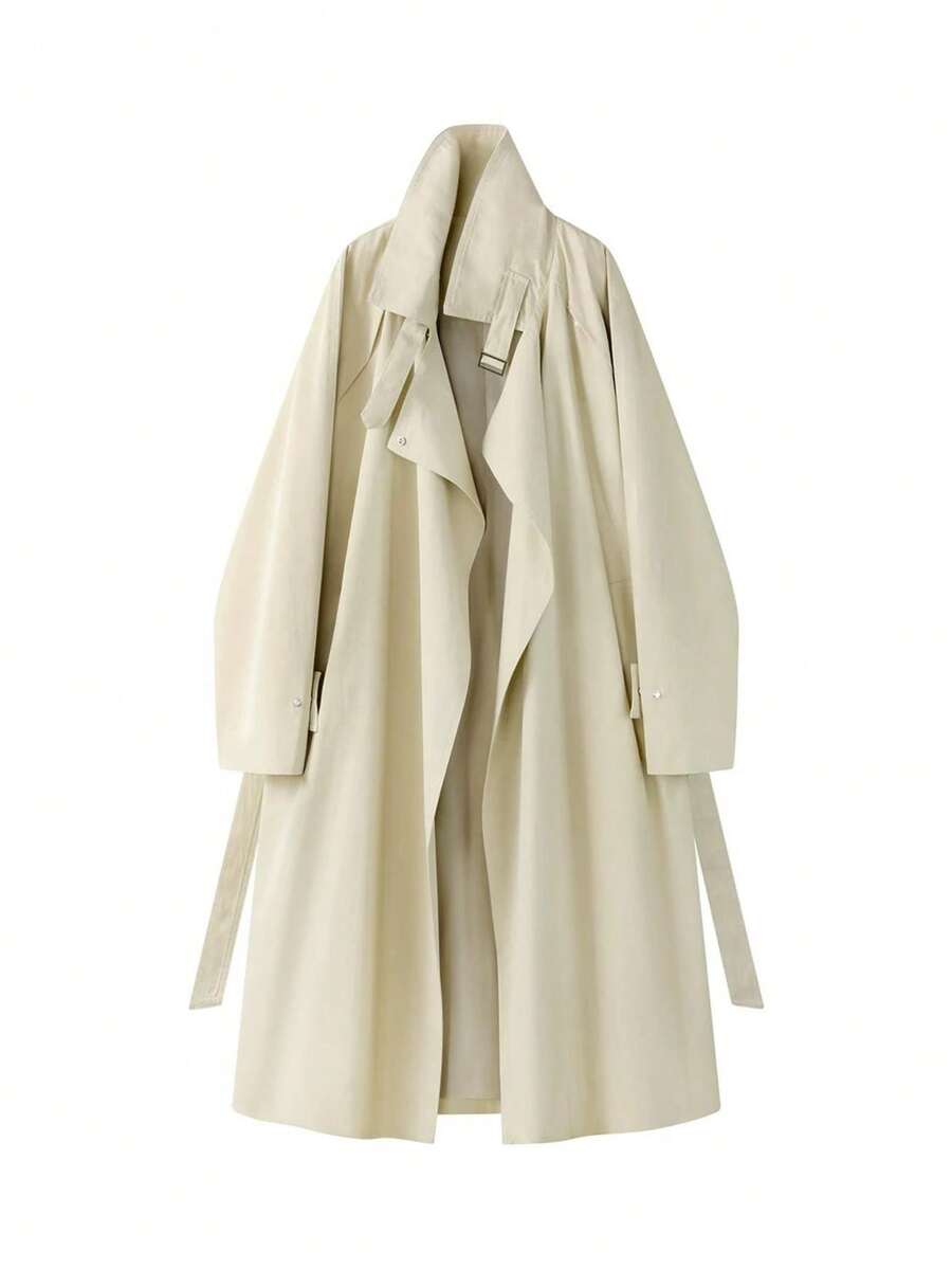 Korean Style Casual Long Trench Coat Stand Collar Button-Up Jacket Airport Outfit Travel Daily Spring Autumn - Apricot - View 1
