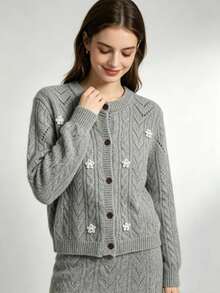Women's Floral Embroidered Pointelle Cable Knit Cardigan, Jacke Damen Herbst Crew Neck Button Front,Jacken Herbst Fall Slim Versatile Casual Outerwear - Grey - View 3