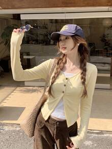Sweet & Cute 2 In 1 Patchwork Long Sleeve T-Shirt, Women's Autumn Top - Yellow - View 4