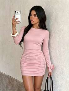 1pc Solid Color Sexy Knit Fabric Ruffle Hem Dress Beach Vacation Autumn - Pink - View 1