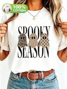 Women's Plus-Size Halloween Ghost-Print T-Shirt. Lightweight And Breathable With A Crew Neck, Perfect For Halloween Parties. - White - View 9