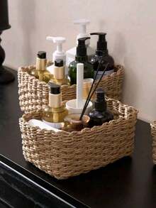 Handwoven Storage Basket Set, 1pc/2pcs/3pcs/4pcs, Paper Rope Material, Suitable For Living Room, Bedroom, Cabinet And Office, Home Decor, Shelf Storage Basket, Halloween Gift, Christmas Decoration Storage Basket - Khaki - View 10