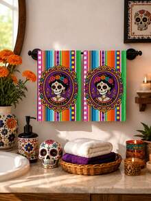 2pcs/4pcs Day Of The Dead Catrina Skull Print Kitchen Towels, Mexican Floral Gold Trim Dish Cloths, Multi-Purpose Household Cleaning Rags, Holiday Decoration Gift - Multicolor - View 1