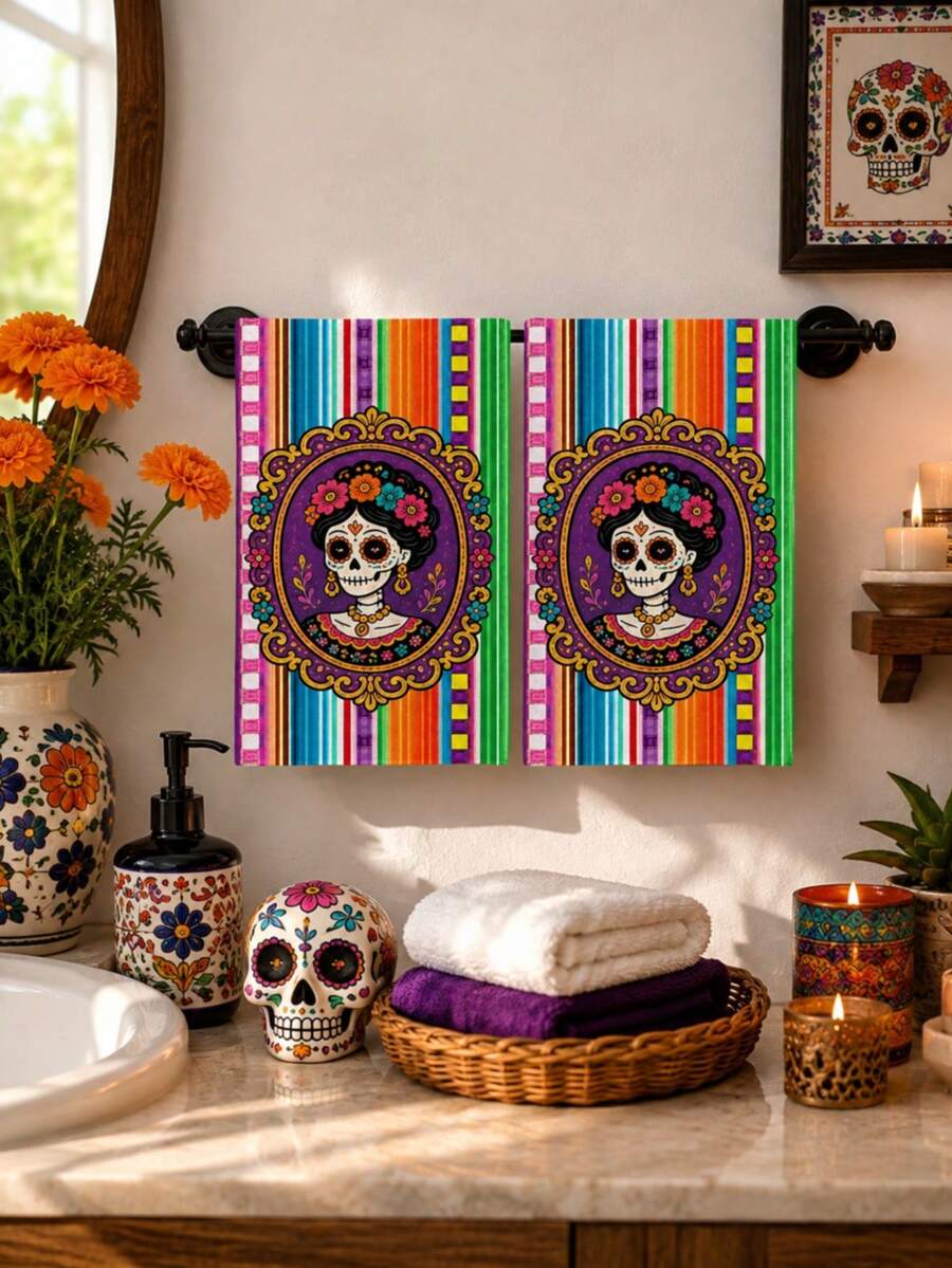 2pcs/4pcs Day Of The Dead Catrina Skull Print Kitchen Towels, Mexican Floral Gold Trim Dish Cloths, Multi-Purpose Household Cleaning Rags, Holiday Decoration Gift - Multicolor - View 1