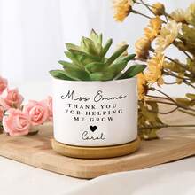 1pc Customized Name Teacher Flower Pot, "Thank You For Helping Me Grow" Personalized Gift, Teacher Desk Decor, End Of School Year Handmade Gift, Back To School Gift, First Day Of School Gift, Gift For Teacher - White - View 2