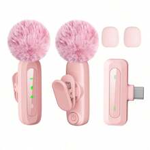 HITOZON Professional Wireless Lavalier Lapel Microphone, Plug-And-Play Omnidirectional Condenser Clip-On Mic, Noise Reduction, Receiver Powers & Charges Phone, Auto Pairing, For Live Streaming, Vlogging, Podcasting, Interviews, Video Recording - Pink - View 1