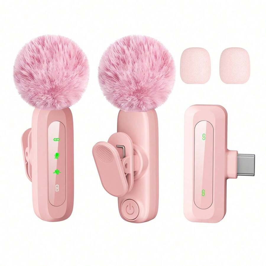 HITOZON Professional Wireless Lavalier Lapel Microphone, Plug-And-Play Omnidirectional Condenser Clip-On Mic, Noise Reduction, Receiver Powers & Charges Phone, Auto Pairing, For Live Streaming, Vlogging, Podcasting, Interviews, Video Recording - Pink - View 1