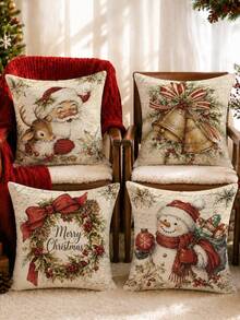 4pcs Winter Christmas Vintage Santa Claus Reindeer Snowman Christmas Wreath Pattern Cushion Covers, Single-Sided Printed Skin-Friendly Peach Skin Velvet Material, 45*45/40*40/50*50CM Pillow Covers Suitable For Room Decoration, Indoor Sofa Living Room Decoration Party Decoration, Decorative Cushion Covers Gift - Multicolor - View 2