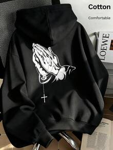 Autumn Women's Hoodie With Praying Hands Print And Cross Pendant Chain Design On Back - Black - View 1