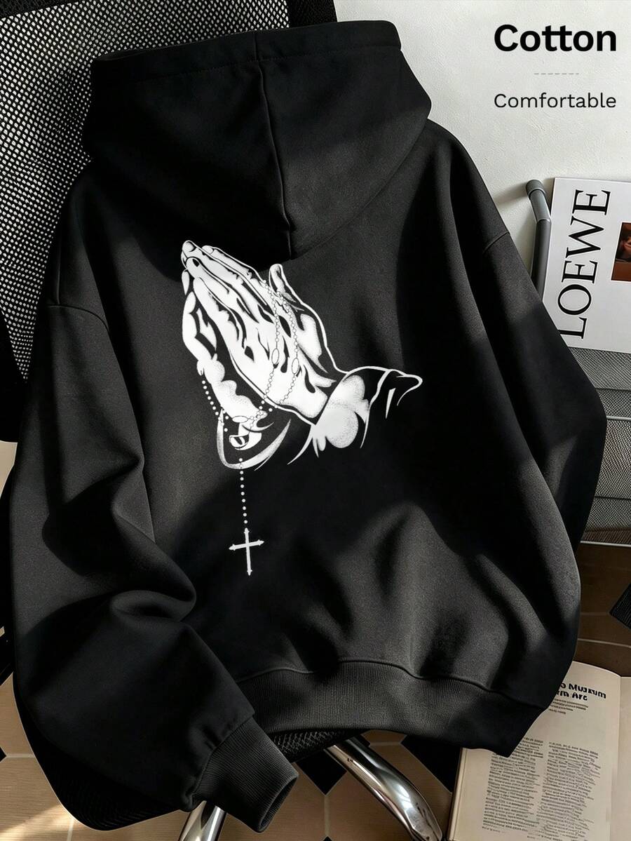 Autumn Women's Hoodie With Praying Hands Print And Cross Pendant Chain Design On Back - Black - View 1
