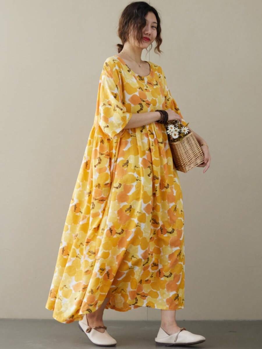 AZAH 2026新款波希米亞風女款夏季印花長洋裝,圓領蝙蝠袖附口袋,寬鬆優雅黃色度假風 - 黃色 - 查看 1