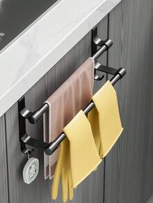 Black Double Bar Towel Rack Over-The-Door Towel Bar No-Drill Wall-Mounted Towel Storage Rack Great For Hanging Towels, Spoons And Utensils Suitable For Kitchen Bathroom Practical Hook-Style Storage Rack Designed Keeping Kitchen Tidy - Multicolor - View 10