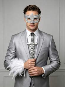 Adult Makeup Party Accessory Set, Hollow Sequin Half-Face Mask, Fluffy Feather Cuffs, Decorative Sword, Suitable For Halloween Stage Performances - Multicolor - View 9