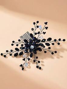 1pc Handmade Exquisite Beaded Hair Comb, Elegant Women's Hair Accessory For Party, Gathering, Vacation, Wedding, Bridal Headpiece - Black - View 7