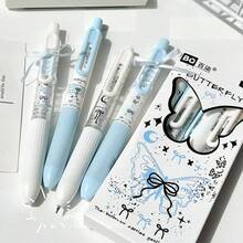 4pcs Blue Flowing Butterfly Pattern Ribbon Pens, 0.5mm Black Replacement Refills, DIY Fashion Smooth Writing Pens, Suitable For Students And Exams, Student Stationery, Holiday Gift - Blue Butterfly Shadow - View 4