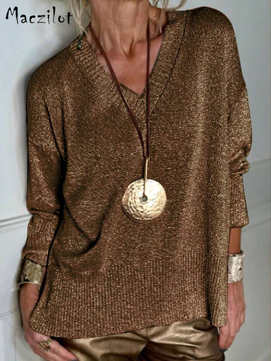 Plus Size Women Solid Color V-Neck Drop Shoulder Long Sleeve Casual Loose Knit Sweater, Autumn/Winter Vacation Brown Fall