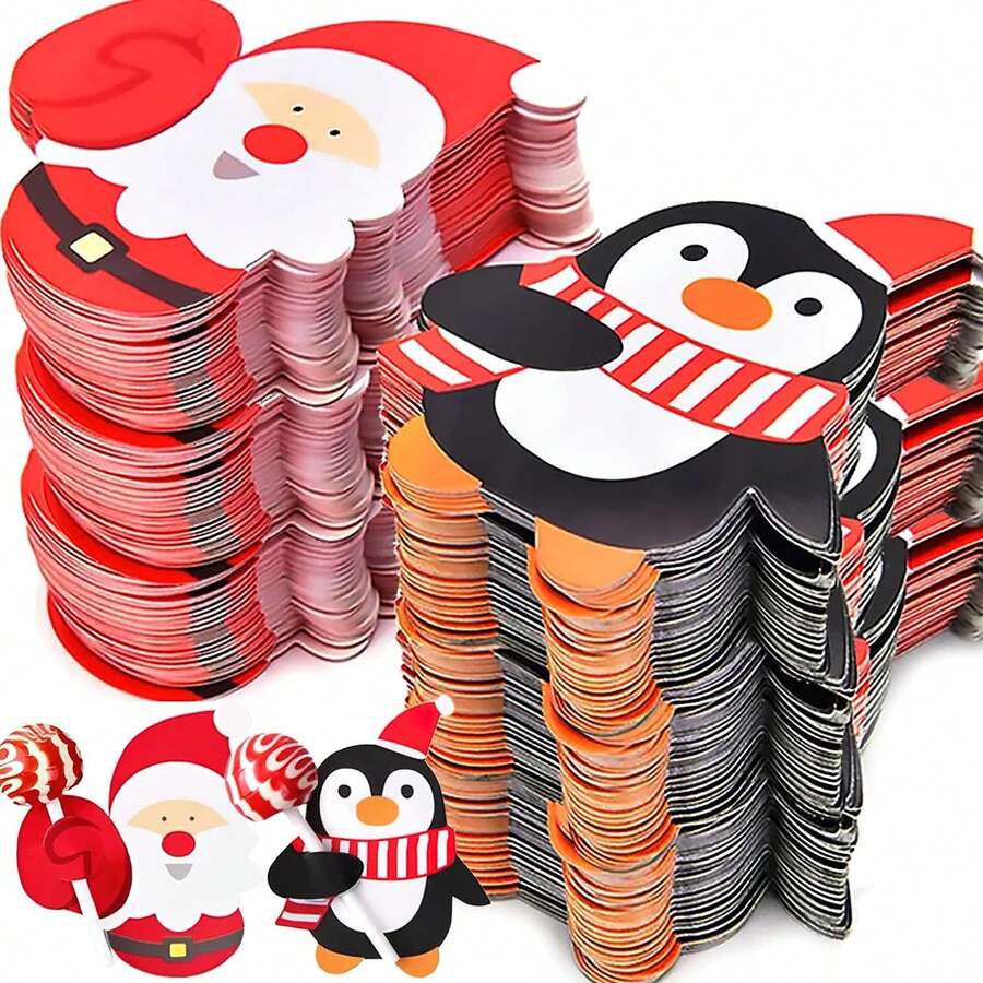 1/50/100PCS Christmas Lollipop Cards, Santa Claus Or Penguin Shaped Candy Holder Paper Cards, DIY Christmas Candy Packaging Cards, Suitable For Lollipops, Candies, Holiday Party Favors And Christmas Gift Decorations, Lollipops Not Included - Multicolor - View 1