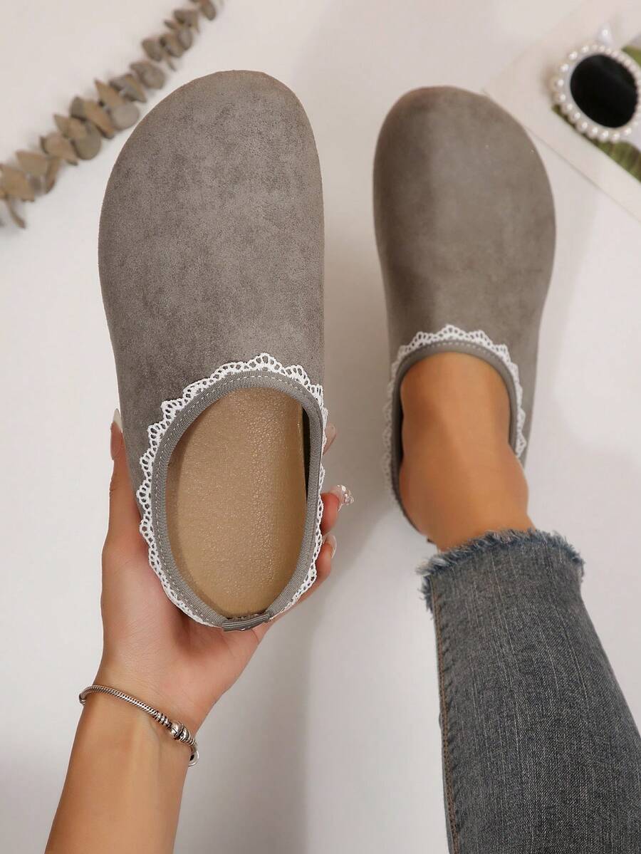 Vintage Lace Trim Closed Toe Slippers Women's Slouchy Outdoor Slippers Soft Sole Backless Shoes - Grey - View 1