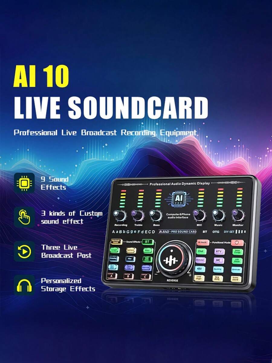 Mixer Audio DJ Bluetooth Ganda AI Portabel, Baterai Lithium Terintegrasi dengan Daya Tahan Baterai Ultra Panjang 6 Jam, Kartu Suara Mini Isi Ulang untuk Pertunjukan Langsung, Antarmuka Audio yang Kompatibel untuk Smartphone dan Laptop, Cocok untuk Streaming Langsung, Rekaman Podcast, Karaoke, Pesta Rumah, Pertunjukan DJ VJ, dan Produksi Musik Profesional