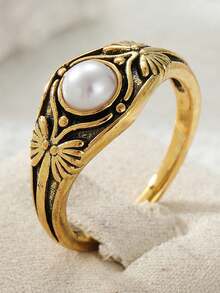 Gmzalx Vintage Embossed Ring With Faux Pearl Round Main Stone, Bohemian Style Handmade Fashion Jewelry For Women - Gold - View 12