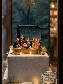 1pc Mini Nativity Scene Set In Tin Box, Resin Holy Family Manger Figurine Jesus Statue Ornament, Handcrafted Pocket Travel Portable Christmas Decor For Home Office Desk & Rustic Religious Holiday Gift - Upgraded Version - View 9