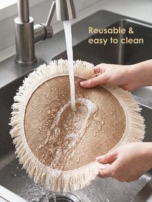 12pcs Natural Jute Tassel Placemats, Rustic Style Round Vase Mats, Washable, Easy To Clean, Wipeable, Non-Slip, Heat Resistant, Suitable For Room Decor, Dining Table Decor, Home Decor, Party Decor, Suitable For Holidays, Parties, Gatherings, Birthdays, Weddings, Gifts, Presents, Dinner, Outdoor, Picnic - Multicolor - View 4