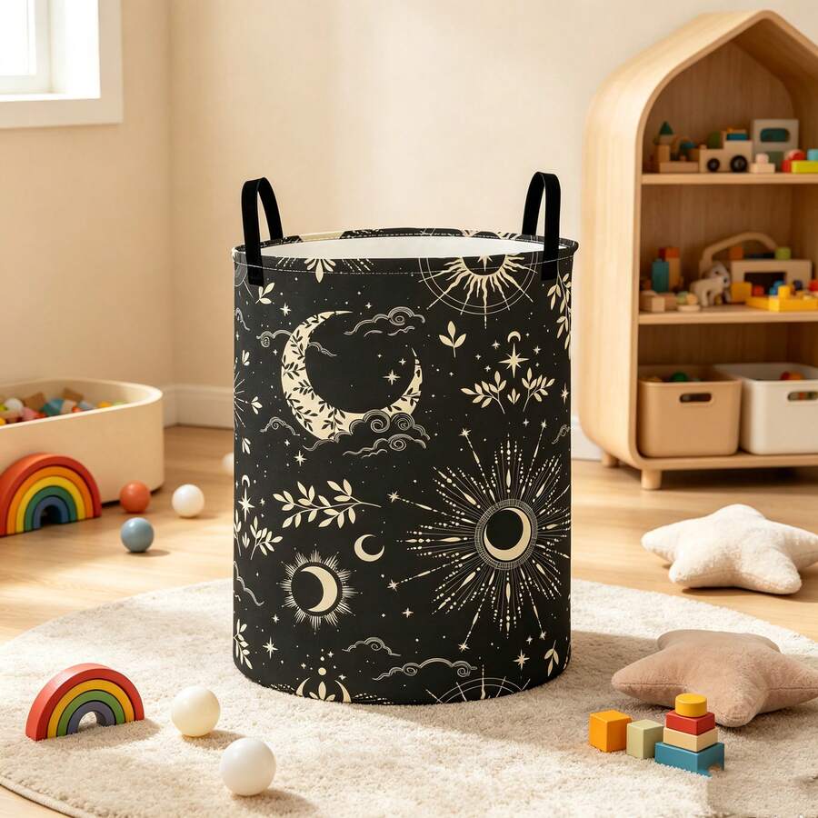 1pc Celestial Sun Moon Star Print Foldable Laundry Basket, Bohemian Style Round Storage Basket With Handle, Multi-Functional Foldable Clothes & Sundries Storage Basket, Bedroom Home Decor - View 1
