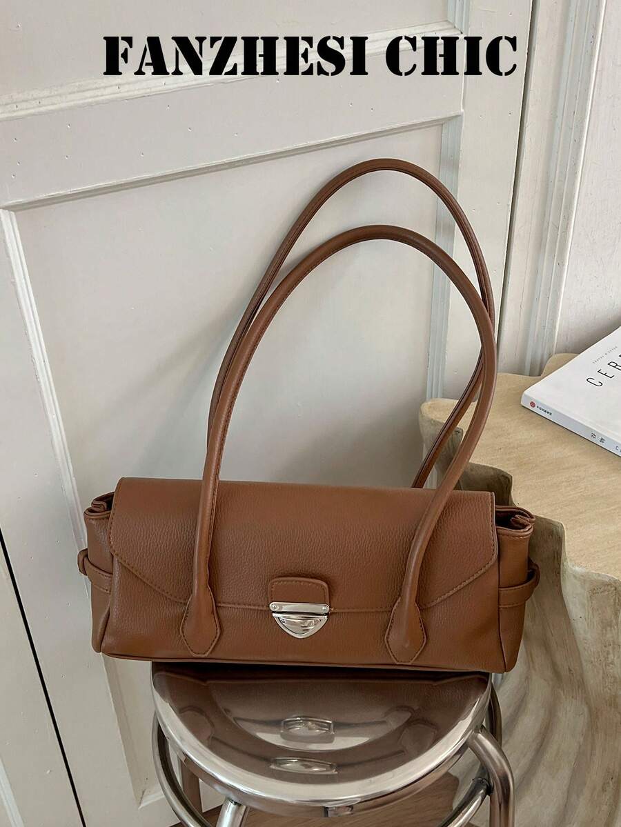 Women's Shoulder Bag, Metal Snap Lock Flap Design, Long Hand Strap, Side Decorative Strap, Flap Snap Closure, Vintage Intellectual French Baguette Bag, French Minimalist Long Handheld Underarm Bag, Commute And Date Bag - Brown - View 1