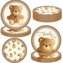 10/20/30Pcs,Cute Teddy Bear BabyShower Disposable Paper Plates,Vintage Brown Bear Pattern With We Can Bearly Wait Printed Party Plates,3 Neutral‑Style 7‑Inch Dessert Plates,Ideal For BabyShowers,1st Birthdays,Gender Reveal Parties&Dessert Table Decor - Multicolor - View 1