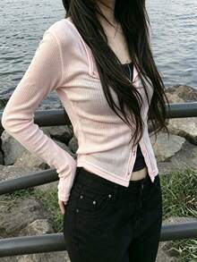 Korean Style Minimalist Round Neck Single-Breasted Long Sleeve Cardigan Top Pink - Pink - View 7