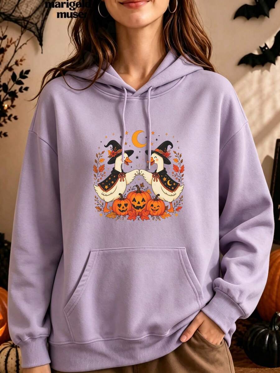 1pc Women's Purple Hooded Sweatshirt, Wizard Duck Floral Print Pullover, Casual Long Sleeve Kangaroo Pocket Sweatshirt - Purple Yam - View 1