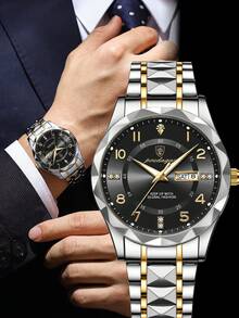 POEDAGAR 1pc Men's Stainless Steel Business Date Waterproof Luminous Quartz Watch, Round Dial Arabic Numeral Scale Man Watch, Suitable For Work Occasion - Black - View 11