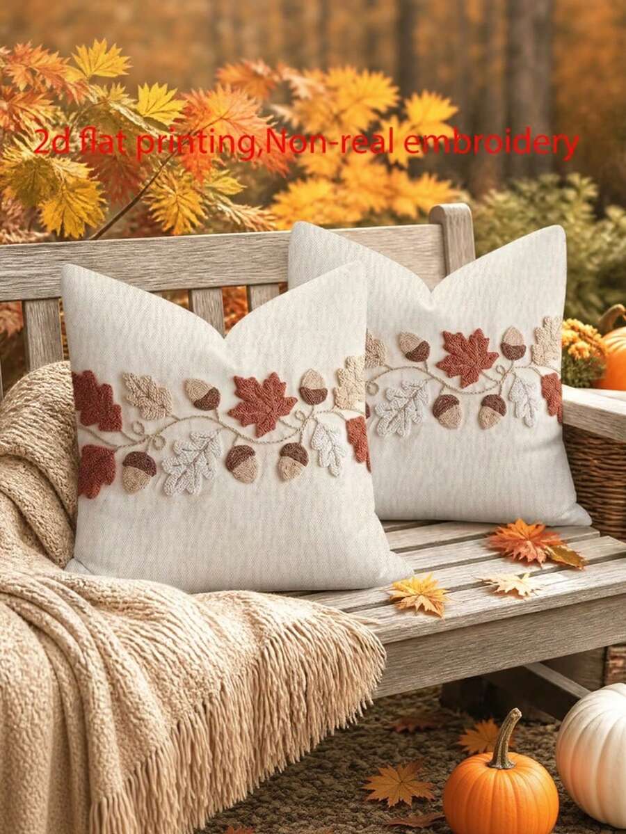 1/2/4件 2D平面印花感恩節森林風抱枕套，非刺繡橡實與葉子圖案，17.7x17.7英吋，秋季家居裝飾枕套，適用臥室、客廳、沙發、辦公室、露台、車內，不含枕芯 - 杏色 - 查看 1